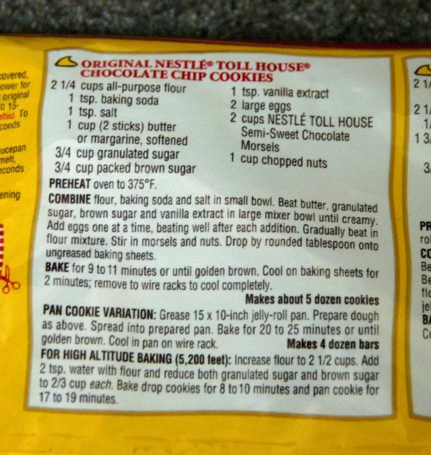 Toll House Cookies Instructions in Non-Metric.
